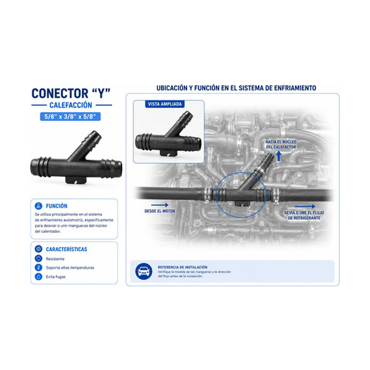 Conector manguera y , calefacción 5/8 X 3/8 X 5/8 uni US Parts 120-298
