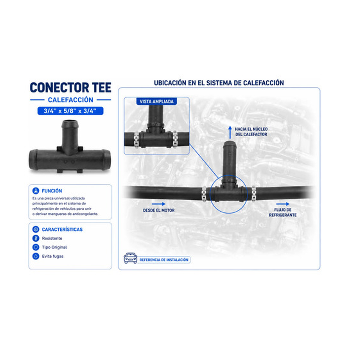 Conector manguera tee, calefacción 3/4 X 5/8 X 3/4 uni US Parts 120-302