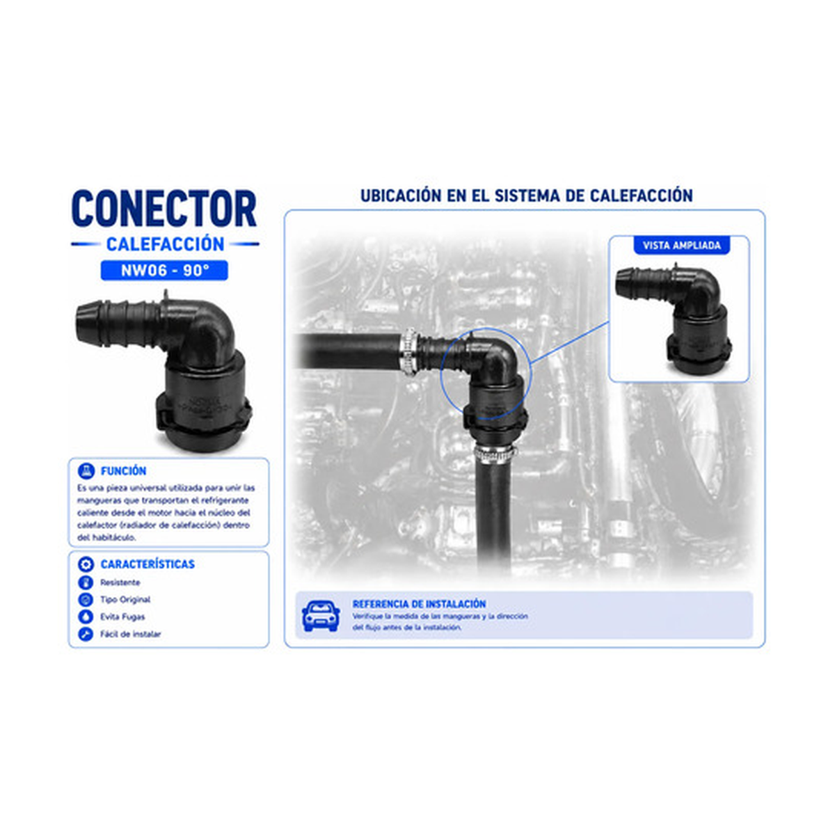 Conector, manguera calefacción nw06 - 90° universal negro US Parts 120-345