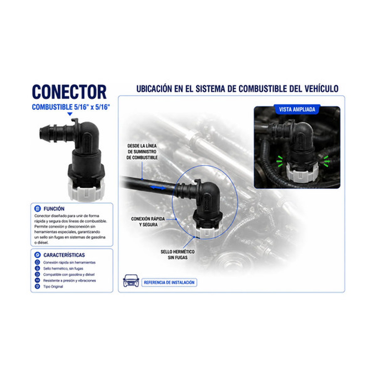 Conector,manguera combustible 5/16 X 5/16 universal negro US Parts 120-630