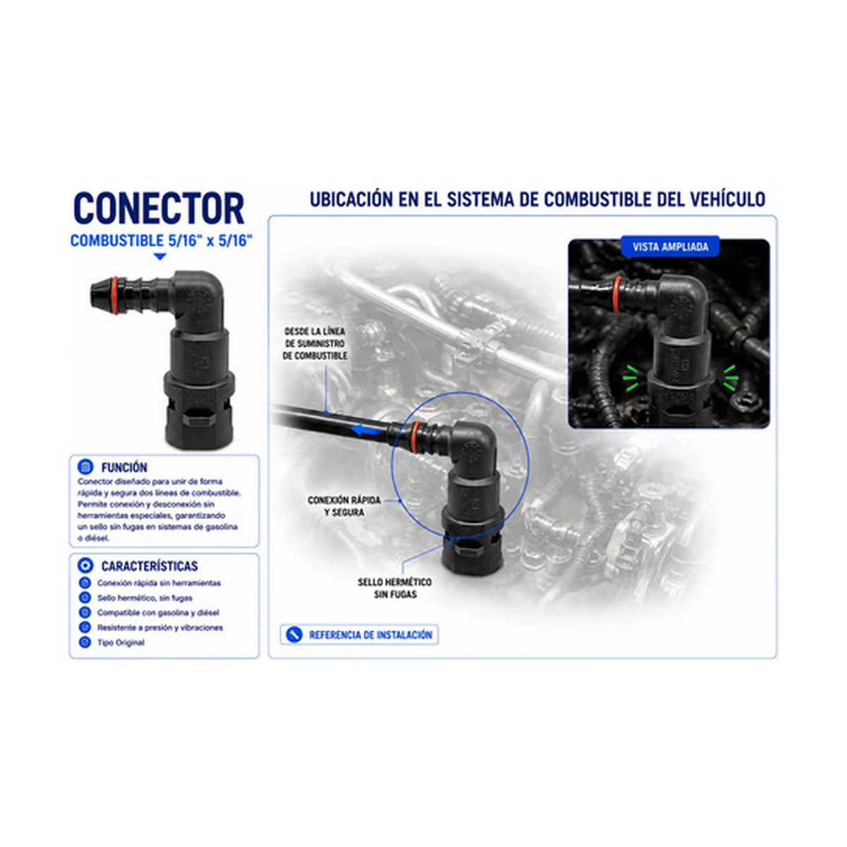 Conector,manguera combustible 5/16 X 5/16 universal US Parts 120-631