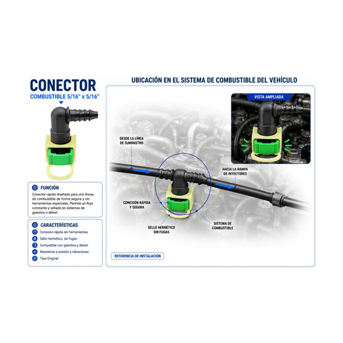 Conector, manguera combustible 5/16 X 5/16 universal US Parts 120-633