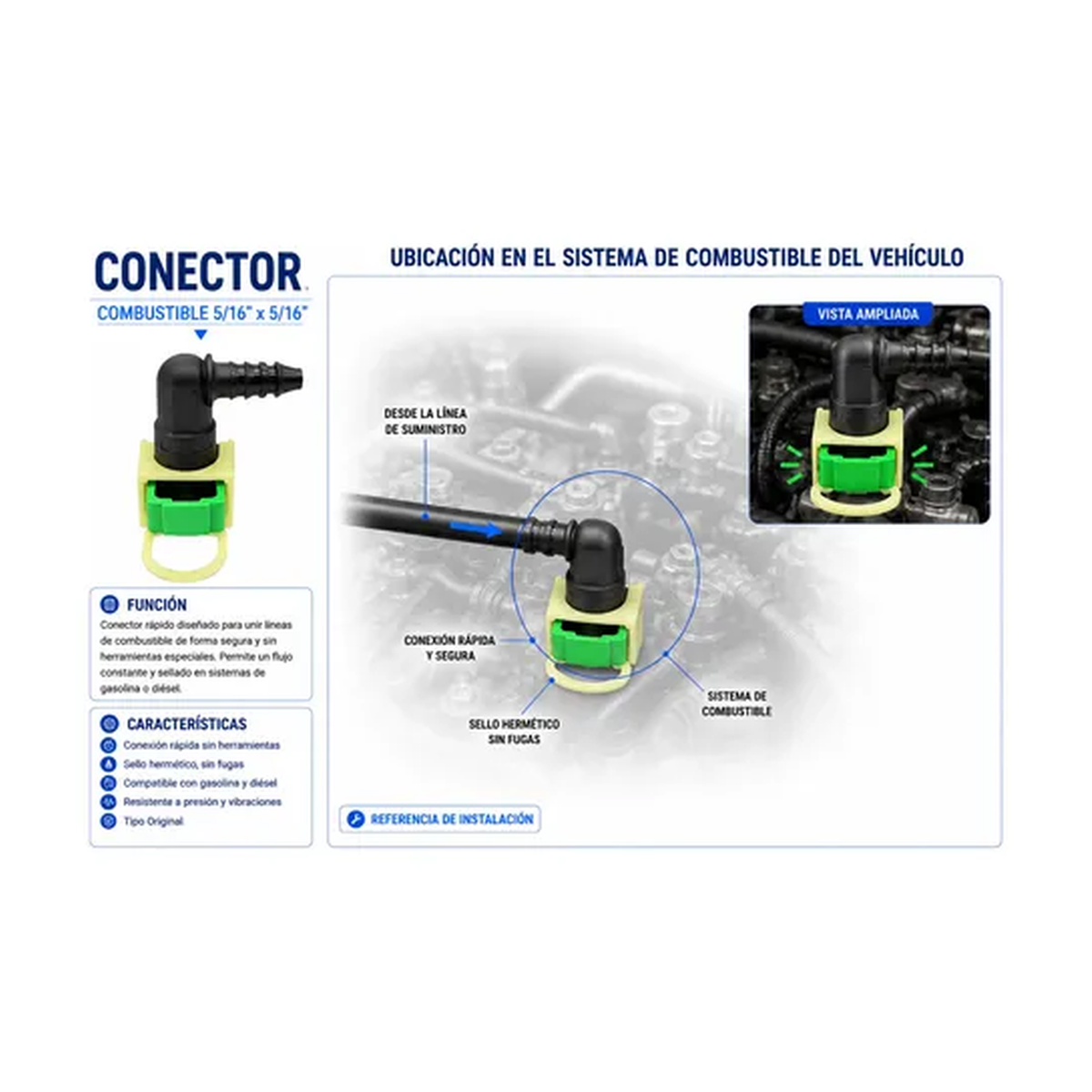 Conector, manguera combustible 5/16 X 5/16 universal US Parts 120-634