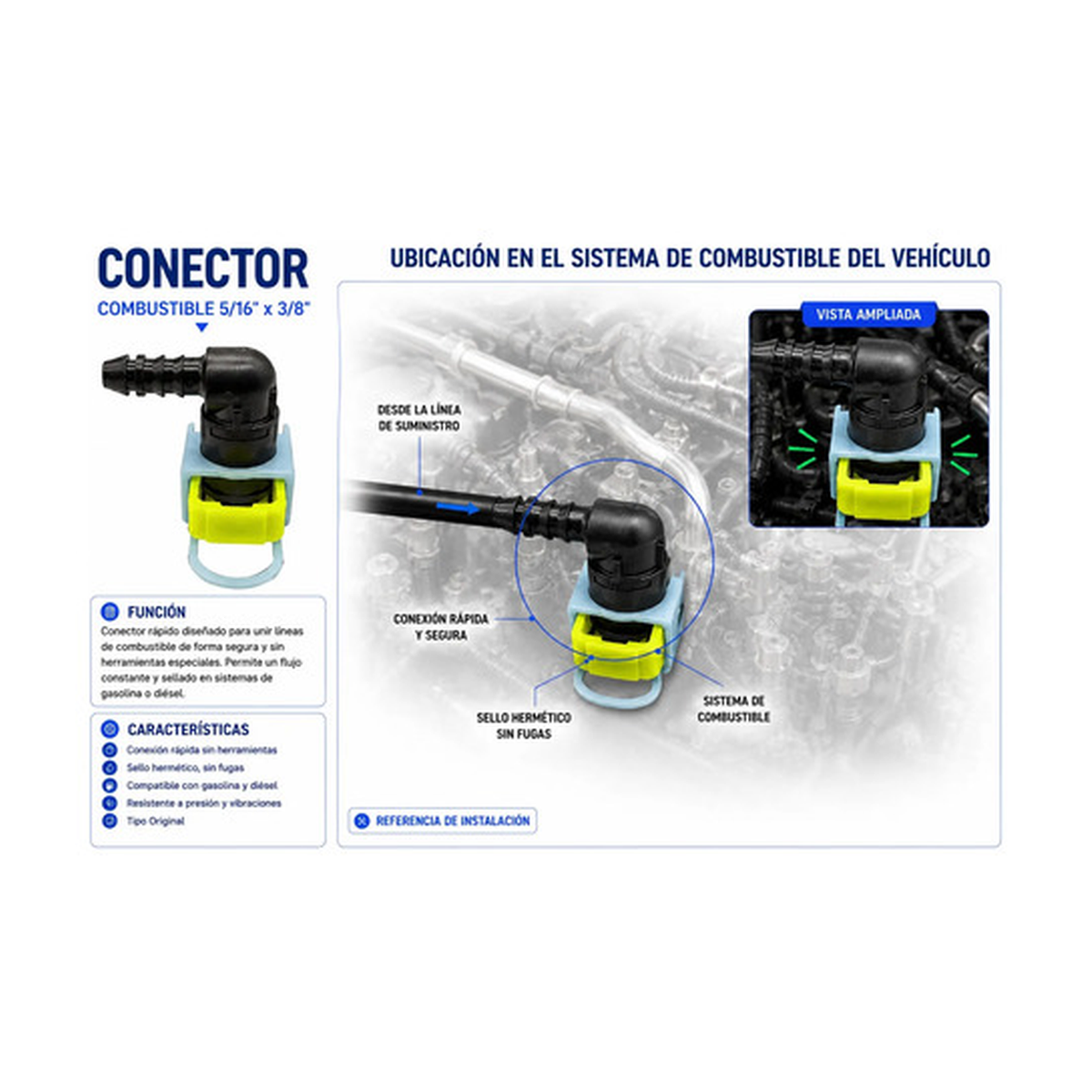 Conector, manguera combustible 5/16 X 3/8 universal US Parts 120-635