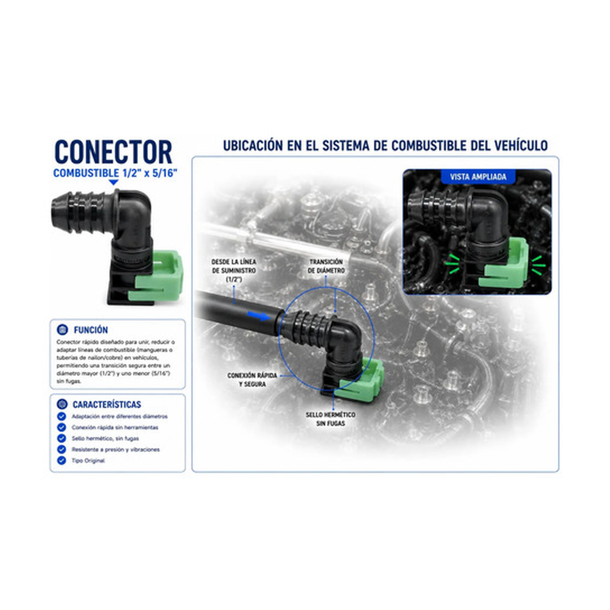 Conector, manguera combustible 1/2 X 5/16 universal US Parts 120-636
