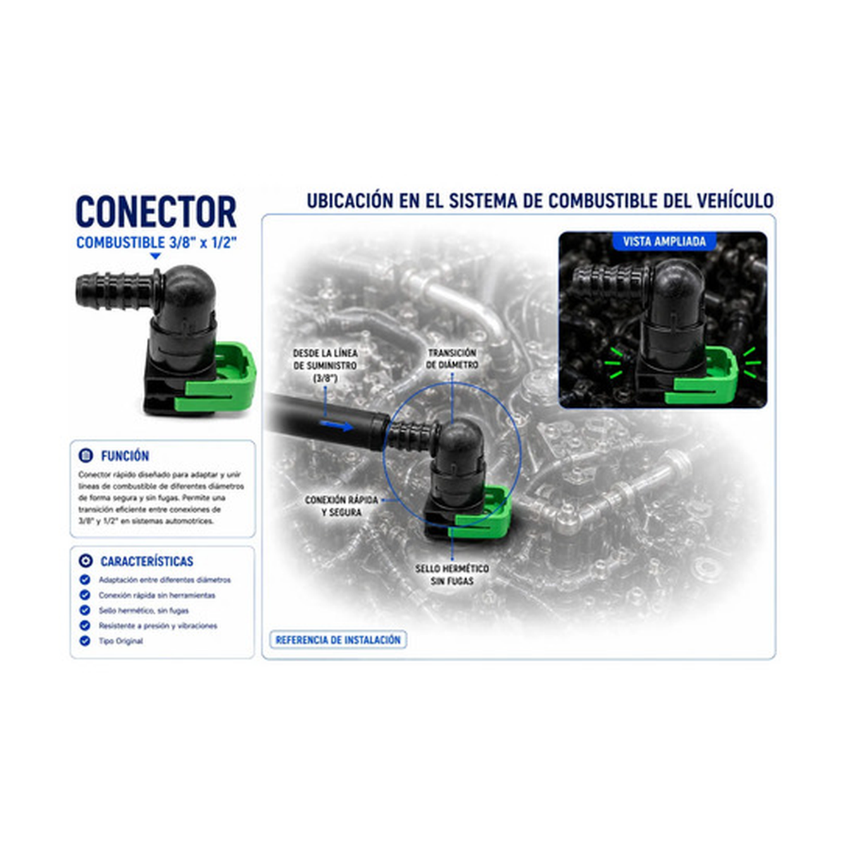 Conector, manguera combustible 3/8 X 1/2 universal US Parts 120-637