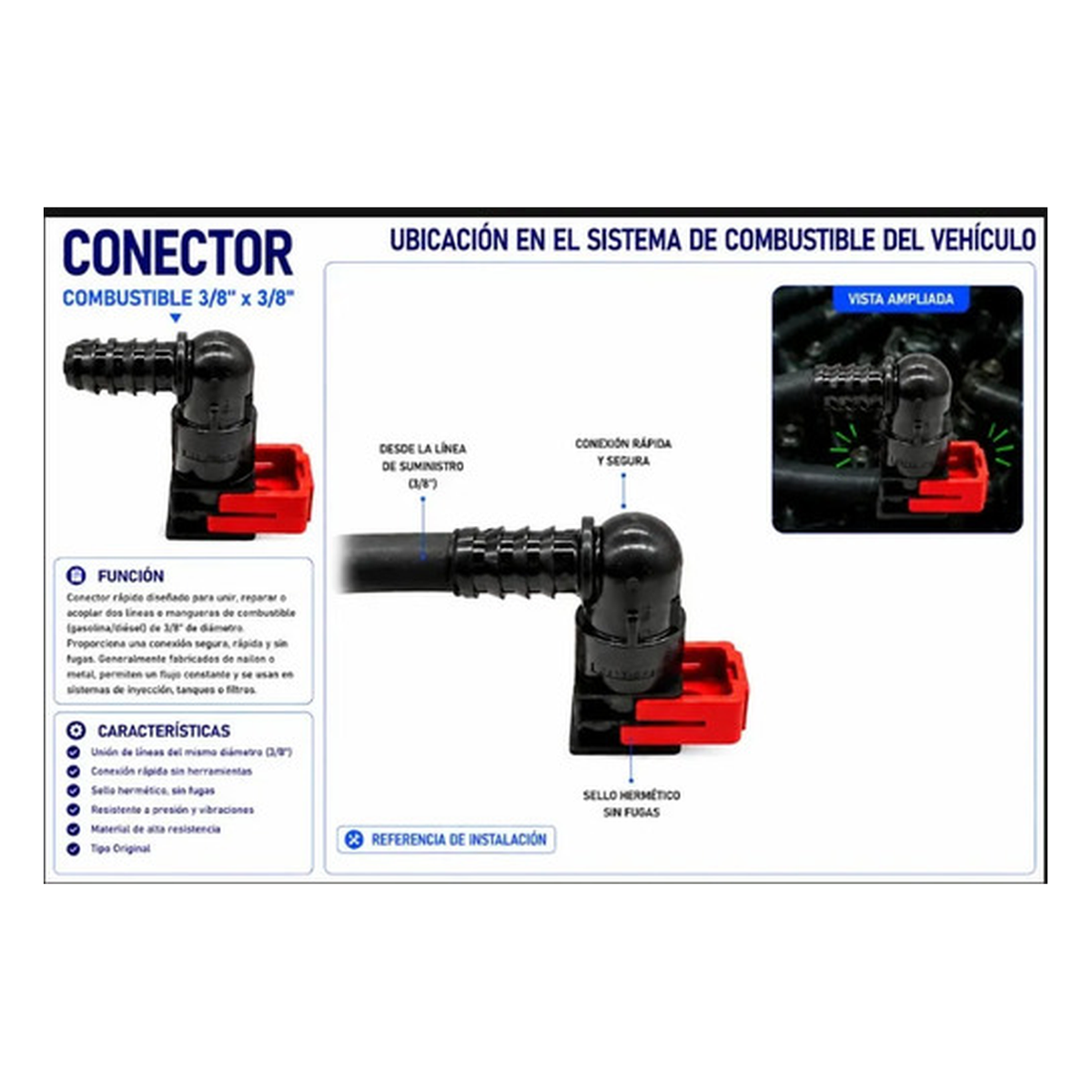 Conector,manguera combustible 3/8 X 3/8 universal US Parts 120-638
