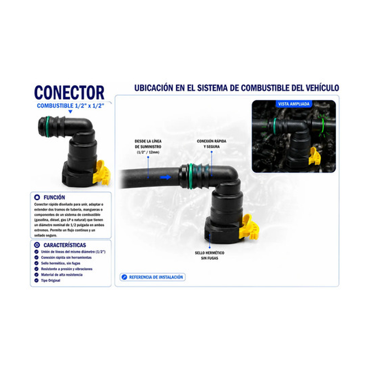 Conector, manguera combustible 1/2 X 1/2 universal US Parts 120-640
